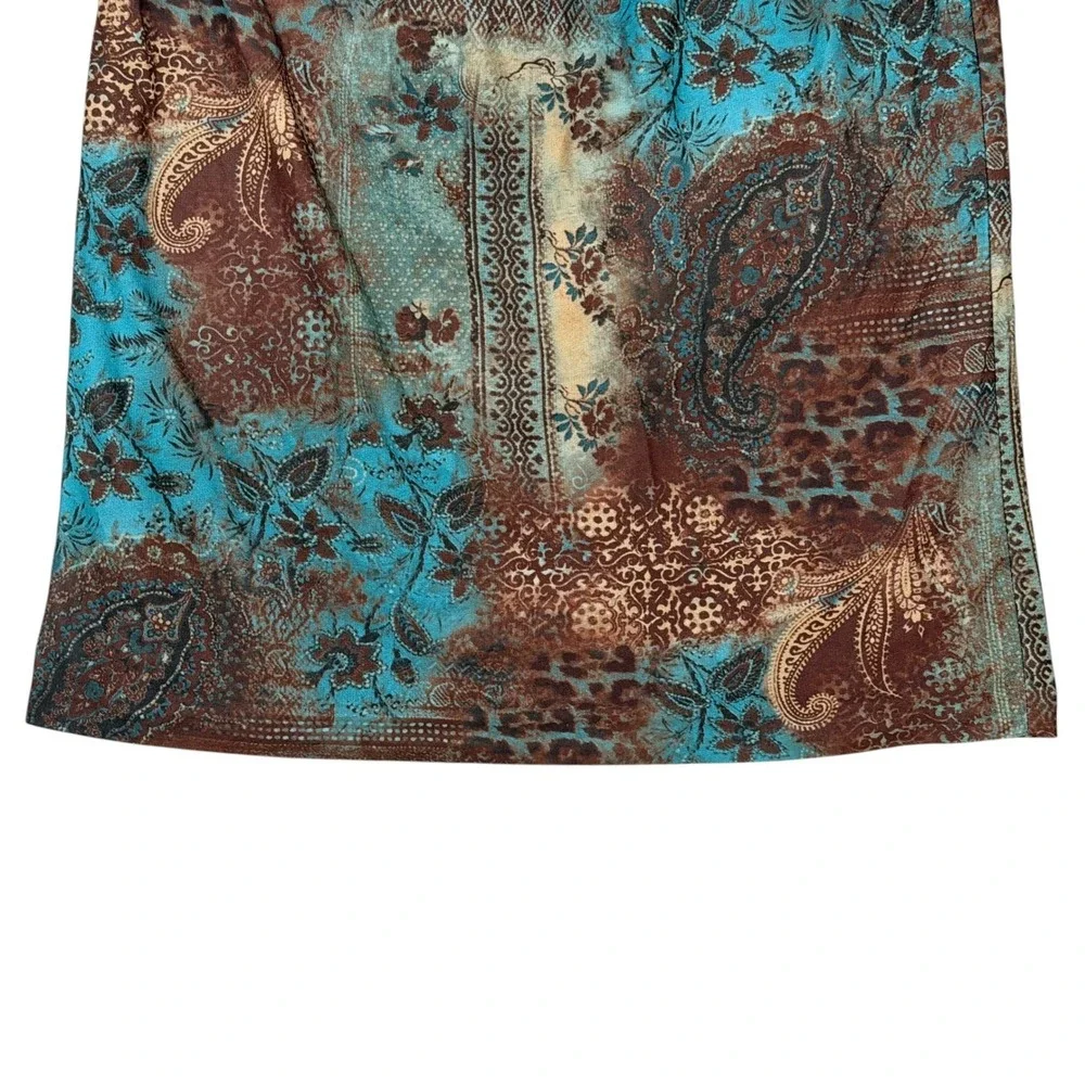 Vintage Midi Straight Skirt Paisley Leopard Print Turquoise Brown Y2K Size 12P